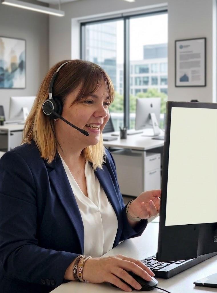 Human support matters - support assistance with headset helping someone via call on a computer